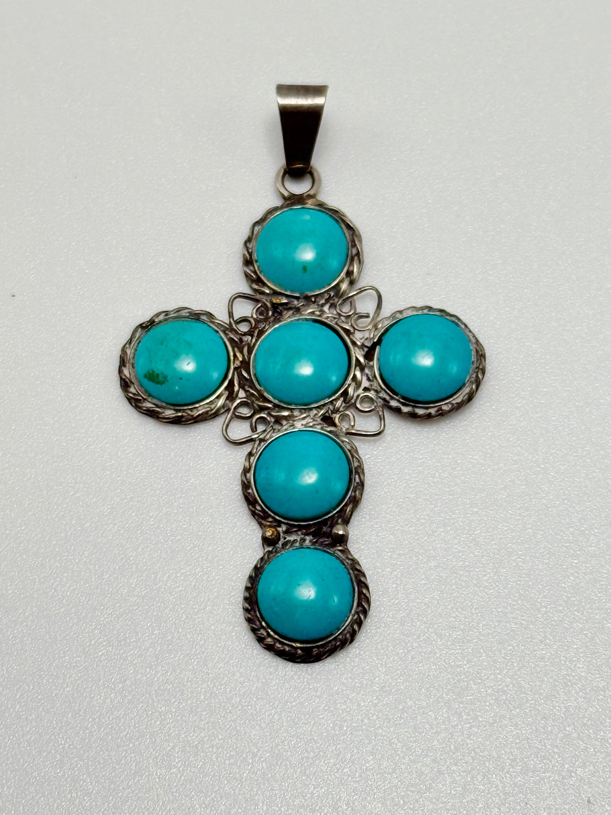 Vintage Taxco Mexico 925 Sterling Silver Turquoise Cross Pendant MMB Signed