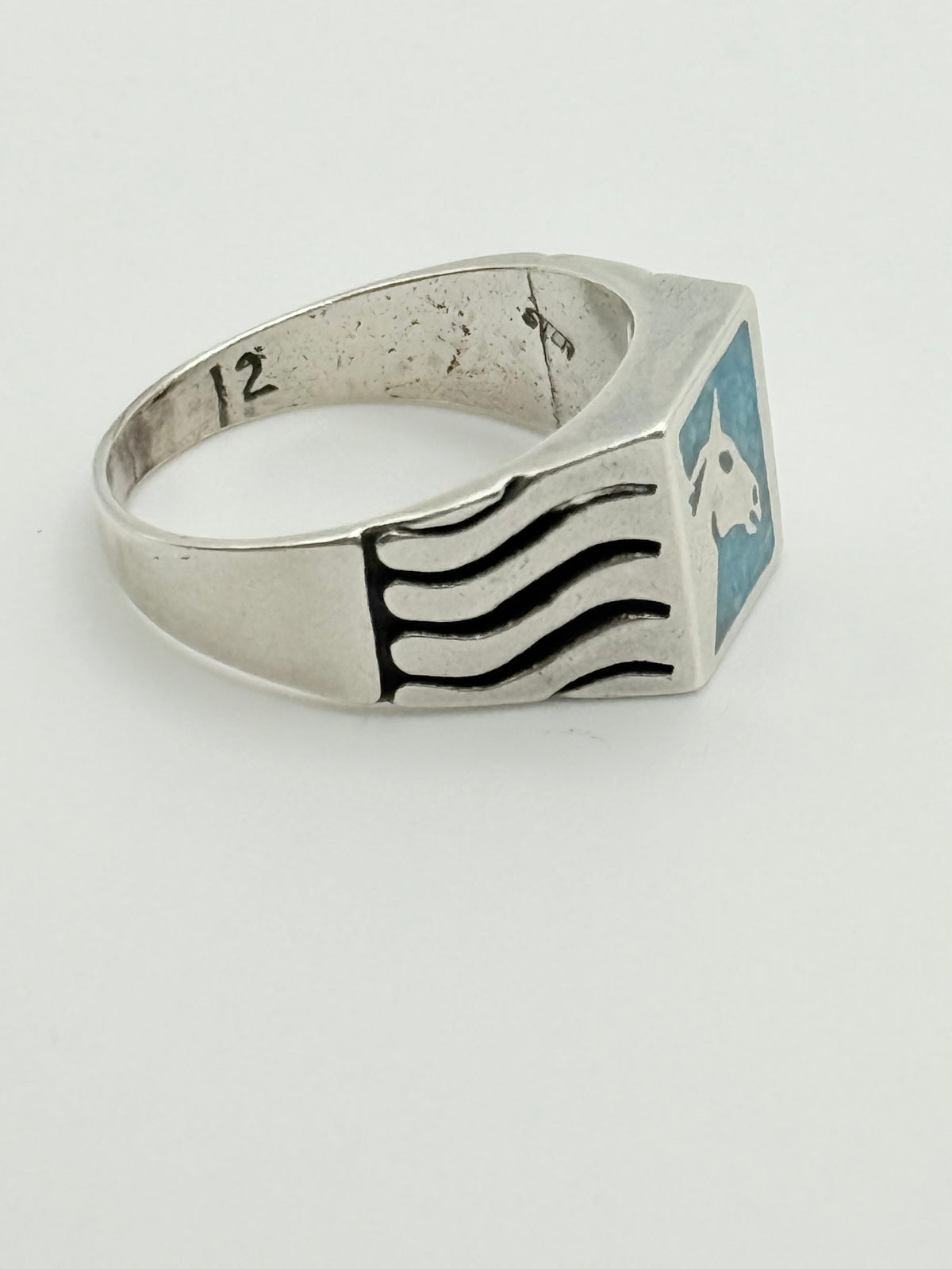 Vintage Southwestern Sterling Silver & Turquoise Horse Signet Ring - Size 12