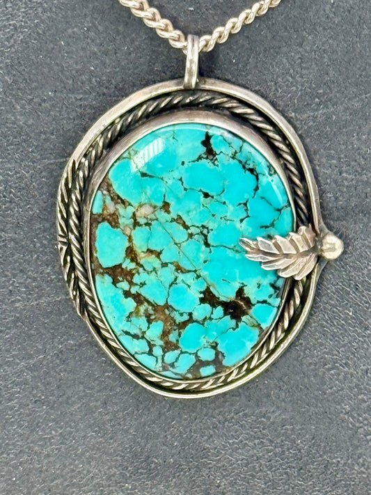 Vintage Sterling Silver & Spiderweb Turquoise Statement Pendant – 27g Heavy Old Pawn Style ￼