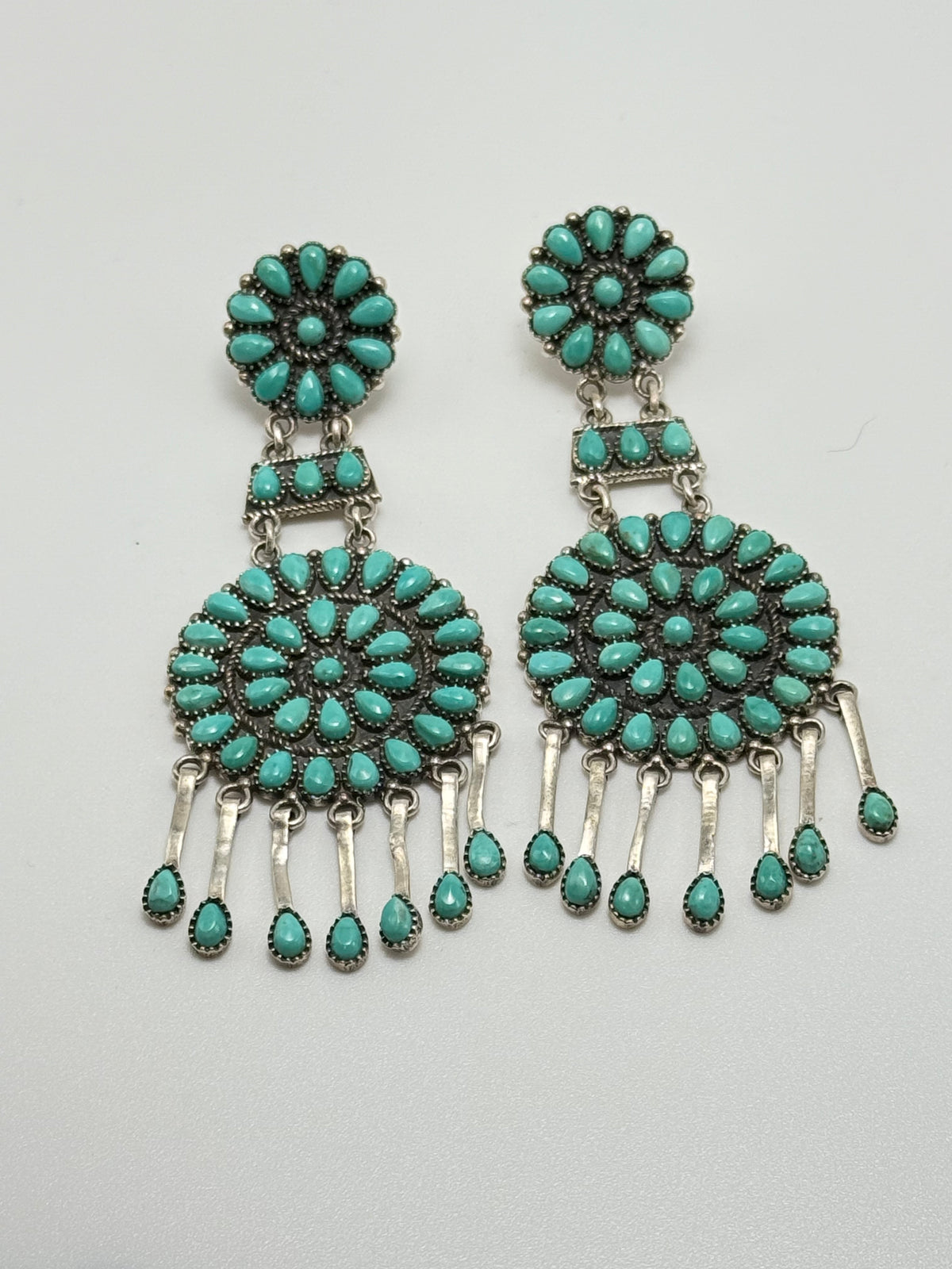 Vintage Navajo MJC Sterling Silver & Turquoise Cluster Chandelier Earrings