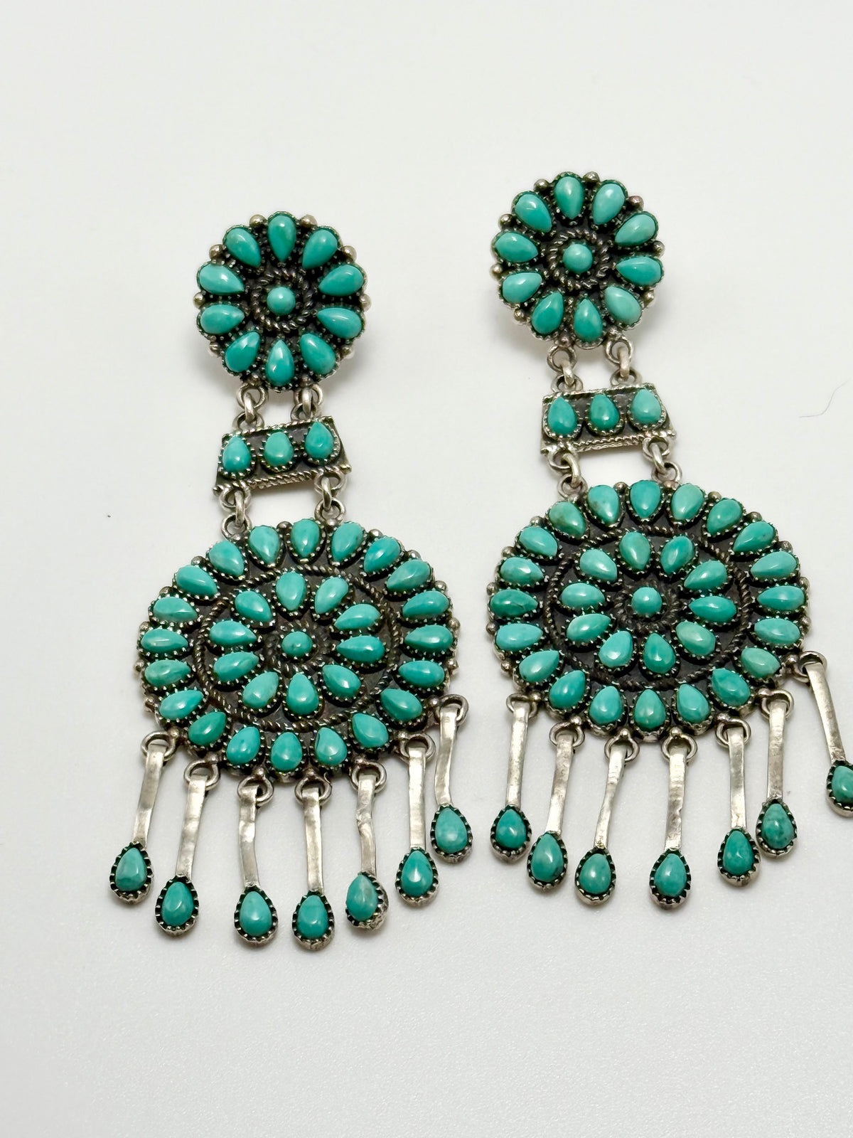 Vintage Navajo MJC Sterling Silver & Turquoise Cluster Chandelier Earrings