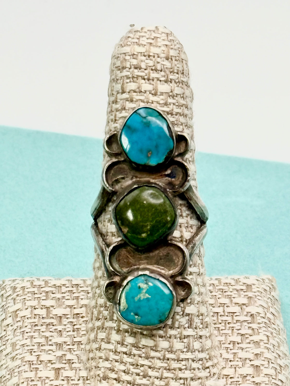 Vintage Navajo Sterling Silver 3-Stone Turquoise Statement Ring