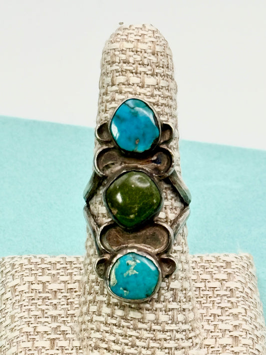 Vintage Navajo Sterling Silver 3-Stone Turquoise Statement Ring