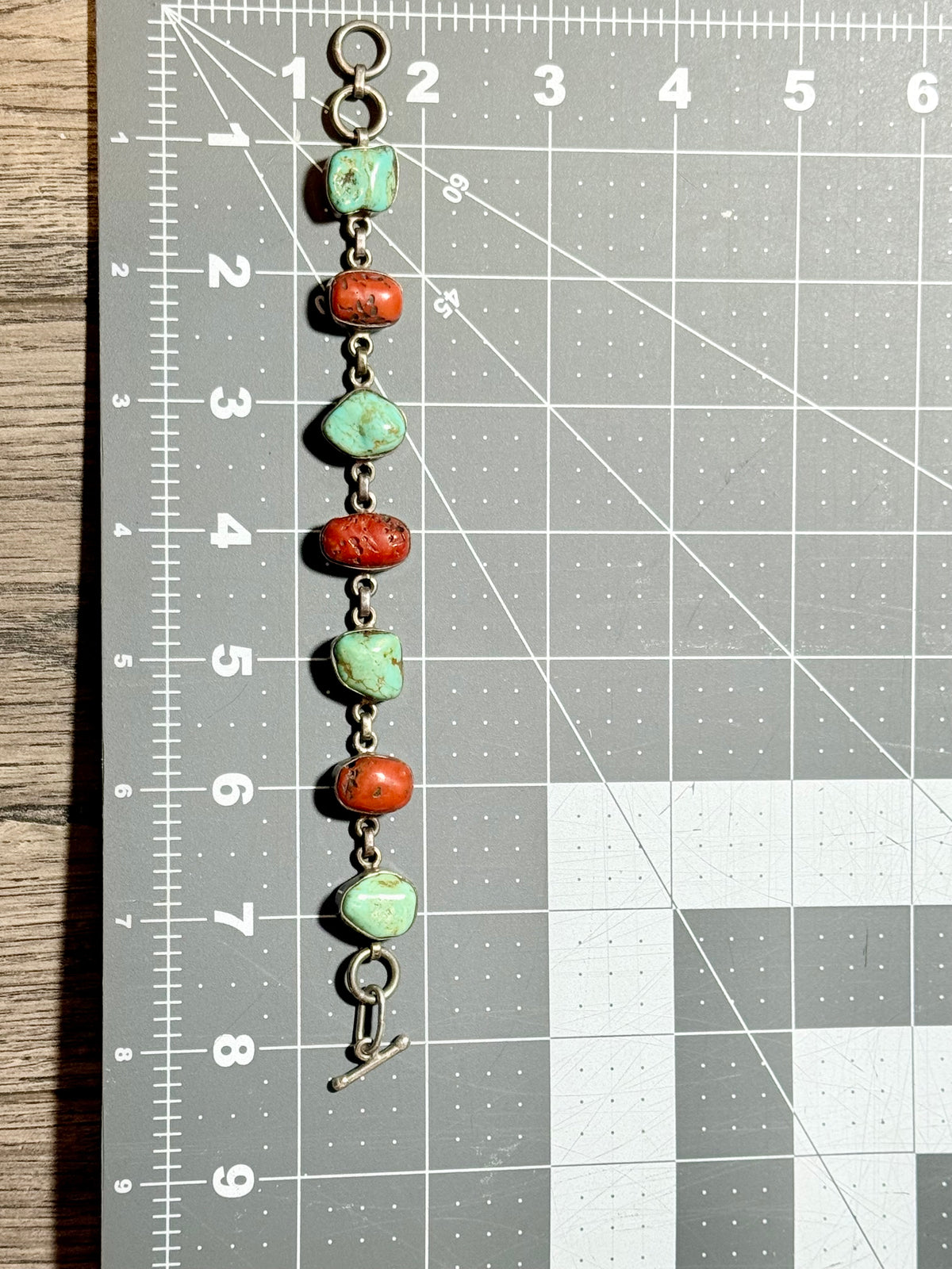 Vintage Native American Navajo Sterling Silver Chunky Royston Turquoise & Red Coral Link Bracelet – 8” (30.92g)
