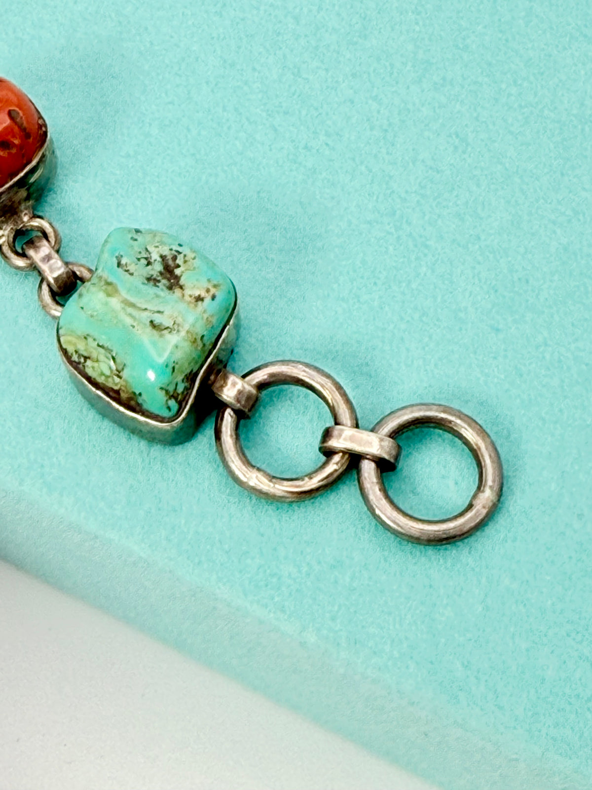 Vintage Native American Navajo Sterling Silver Chunky Royston Turquoise & Red Coral Link Bracelet – 8” (30.92g)