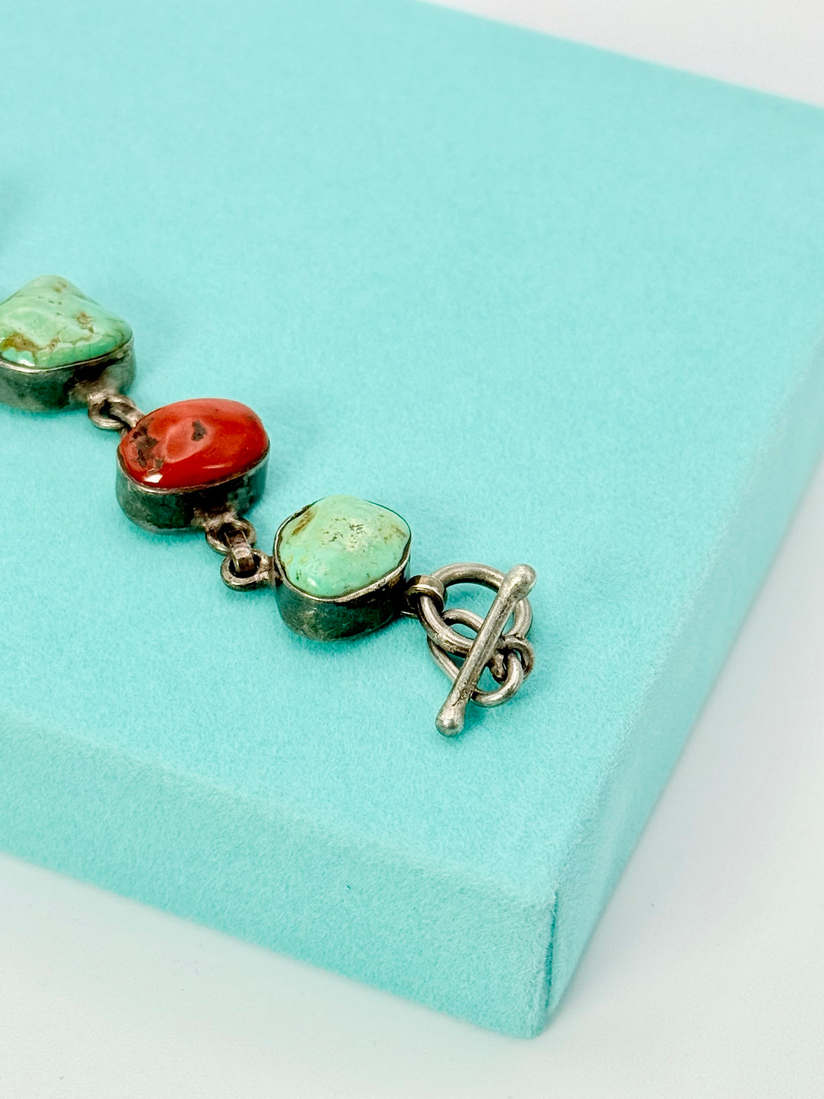 Vintage Native American Navajo Sterling Silver Chunky Royston Turquoise & Red Coral Link Bracelet – 8” (30.92g)