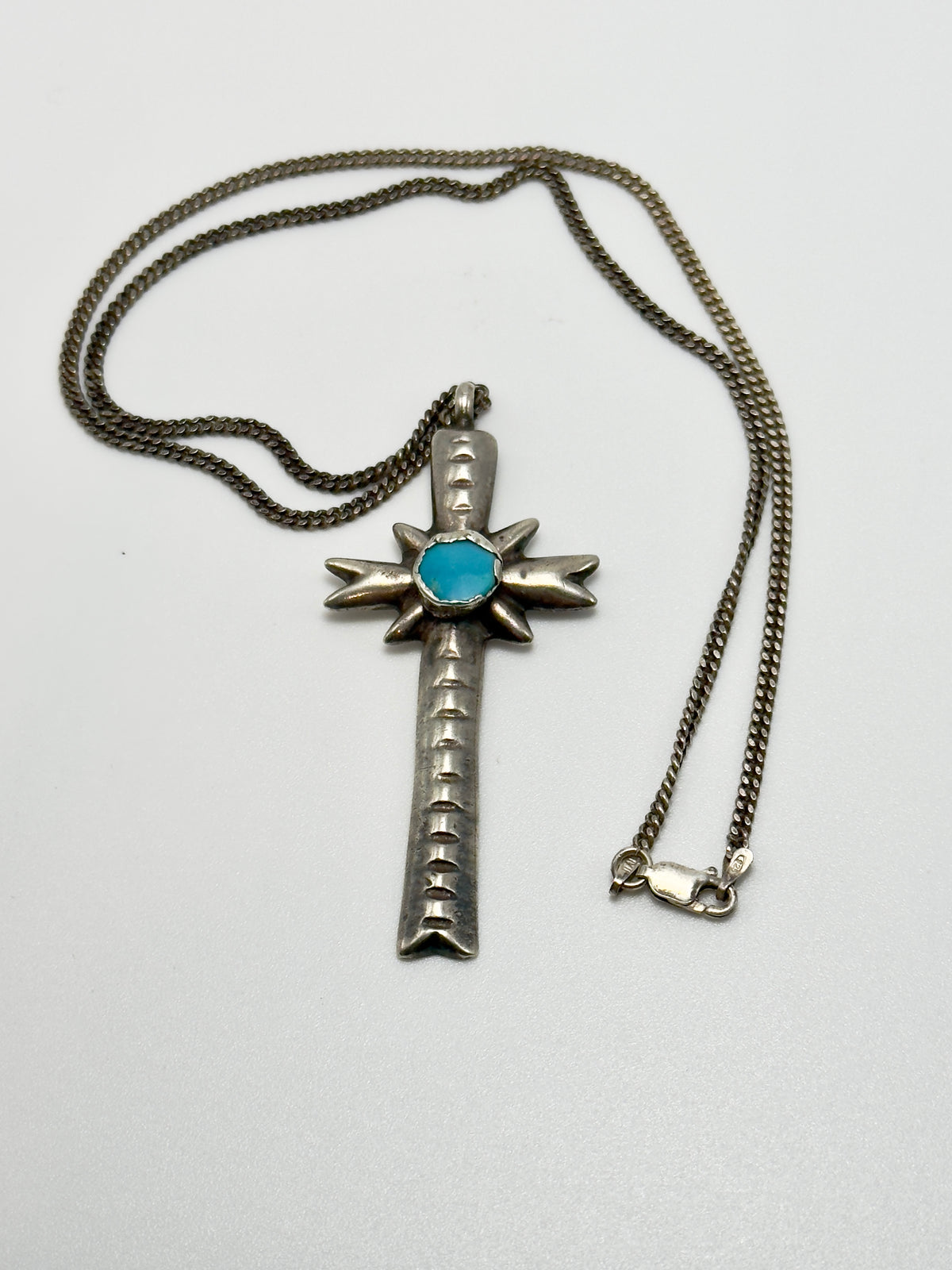 Vintage Navajo Sandcast Sterling Silver Turquoise Cross Necklace