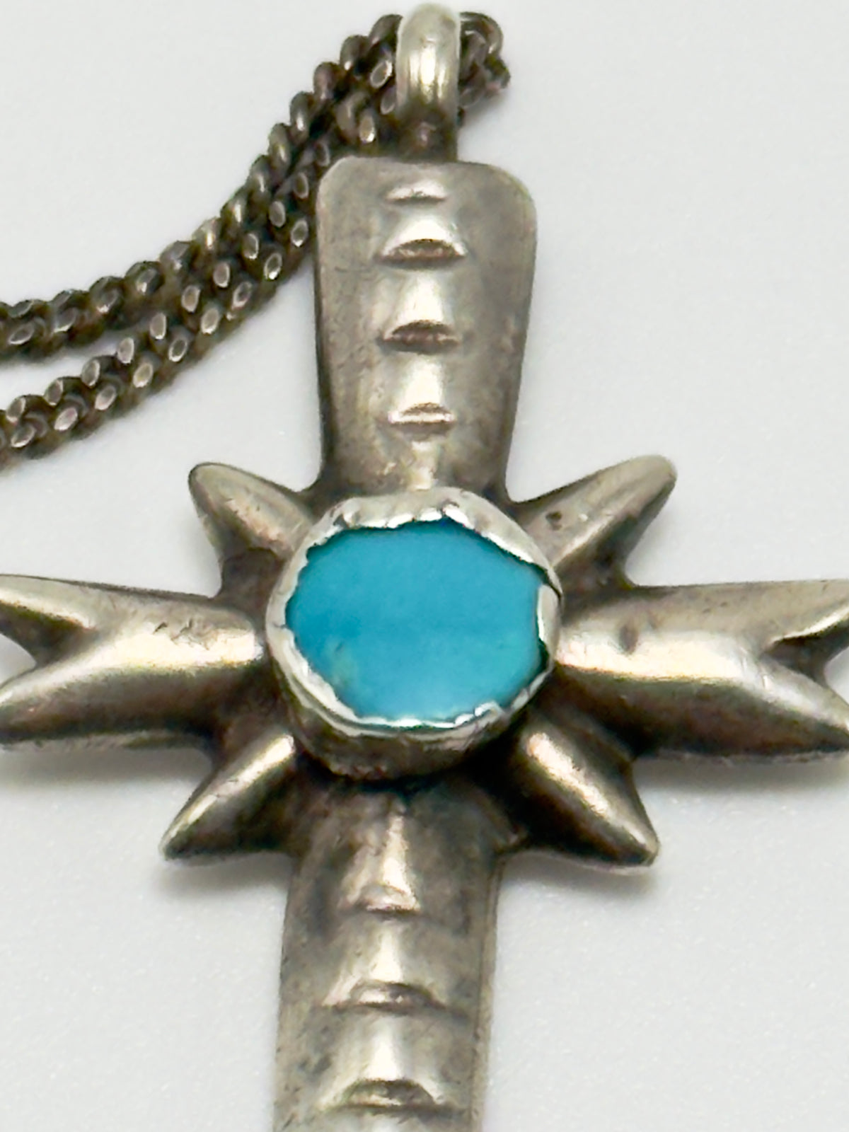 Vintage Navajo Sandcast Sterling Silver Turquoise Cross Necklace