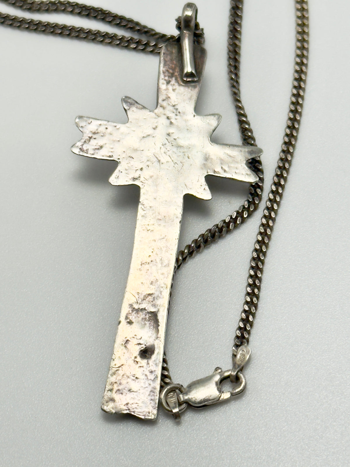 Vintage Navajo Sandcast Sterling Silver Turquoise Cross Necklace