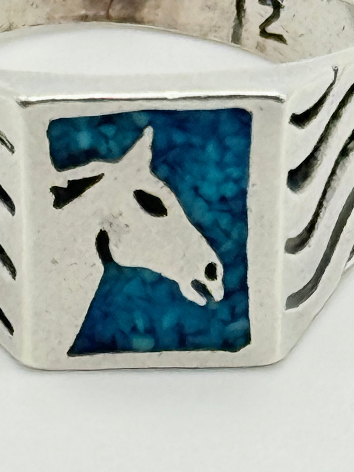 Vintage Southwestern Sterling Silver & Turquoise Horse Signet Ring - Size 12