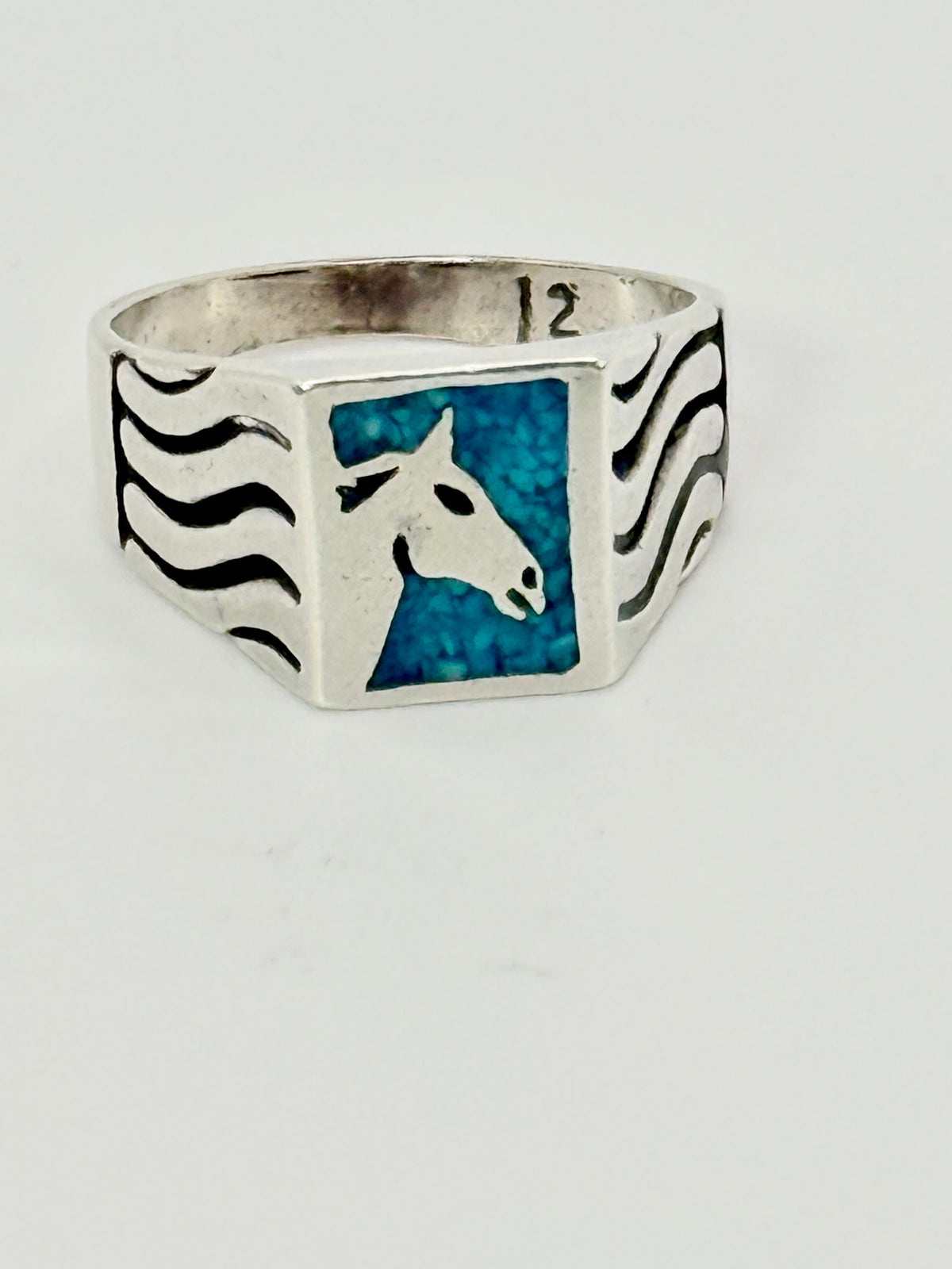 Vintage Southwestern Sterling Silver & Turquoise Horse Signet Ring - Size 12