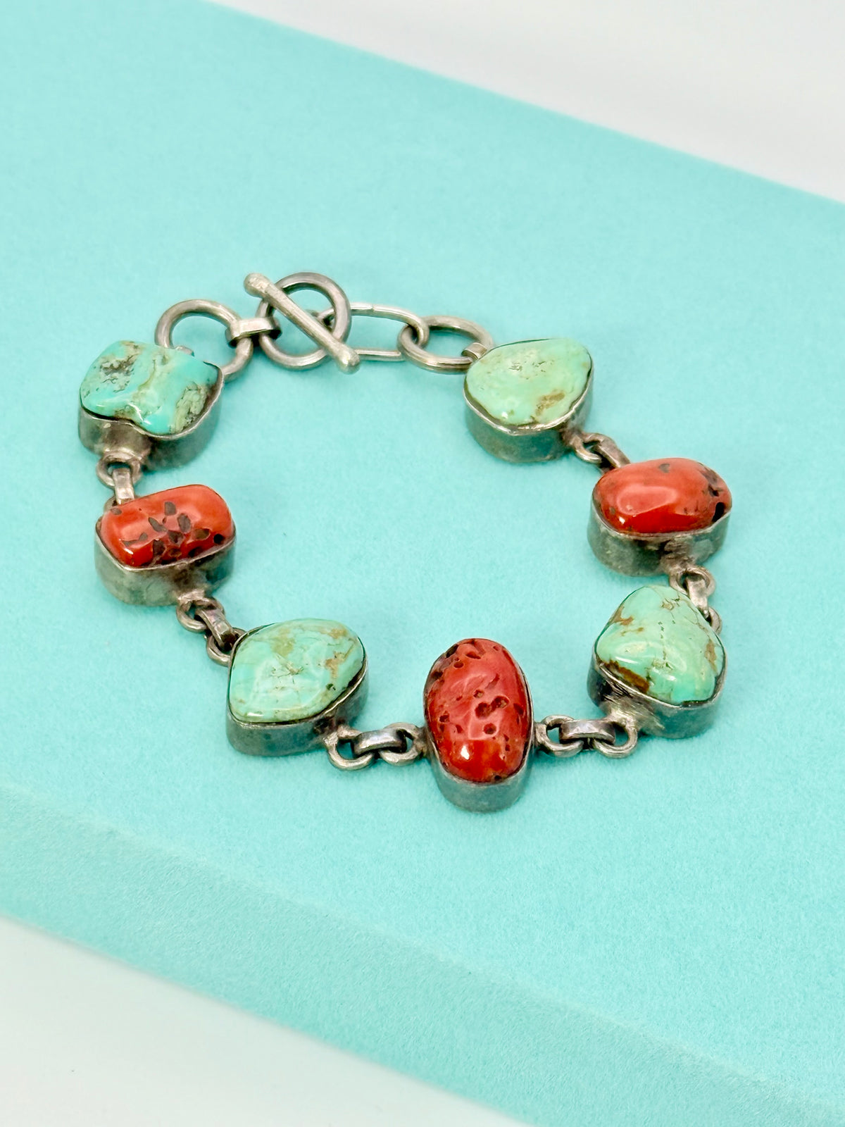 Vintage Native American Navajo Sterling Silver Chunky Royston Turquoise & Red Coral Link Bracelet – 8” (30.92g)