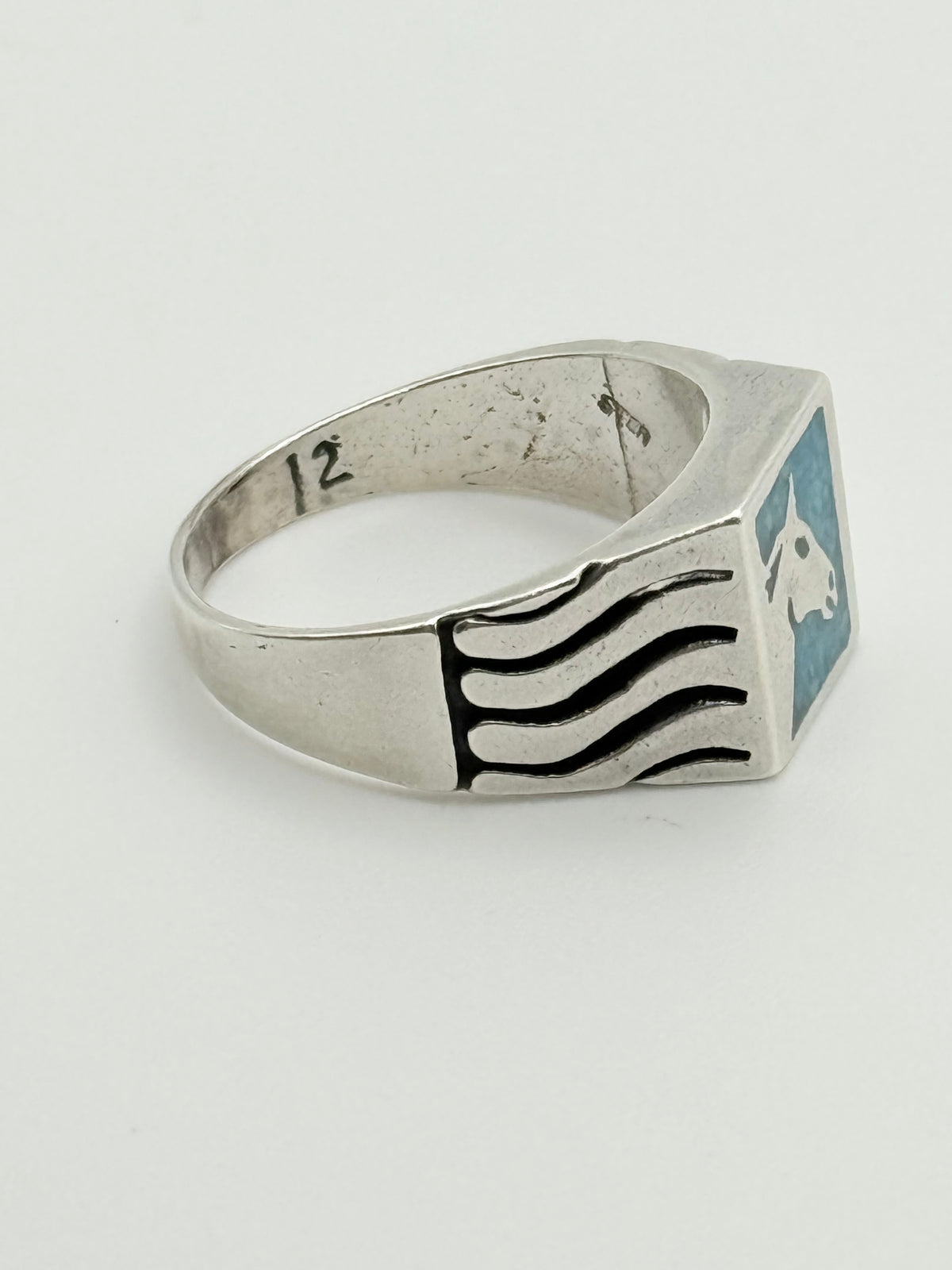 Vintage Southwestern Sterling Silver & Turquoise Horse Signet Ring - Size 12
