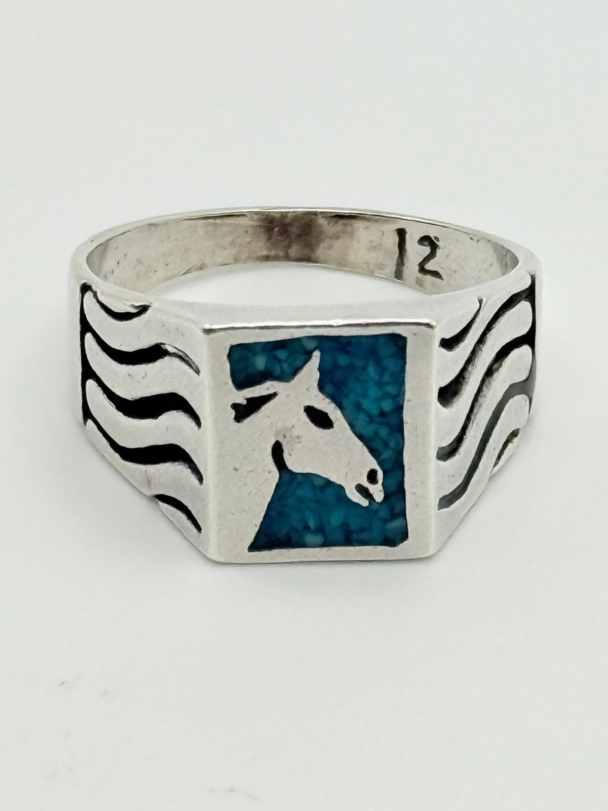 Vintage Southwestern Sterling Silver & Turquoise Horse Signet Ring - Size 12