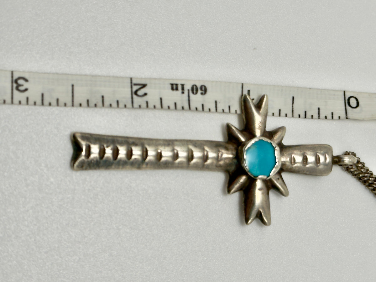 Vintage Navajo Sandcast Sterling Silver Turquoise Cross Necklace