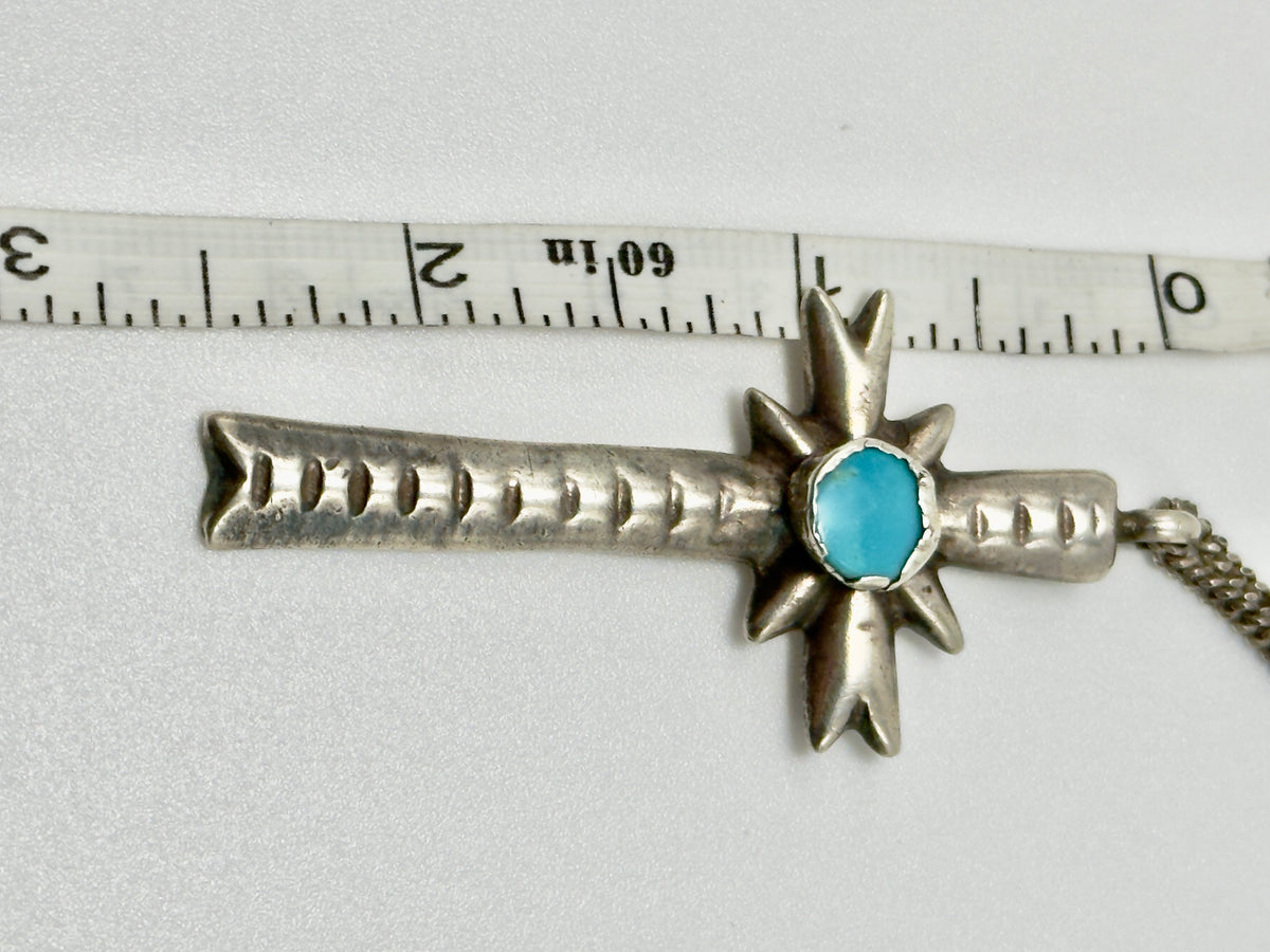 Vintage Navajo Sandcast Sterling Silver Turquoise Cross Necklace