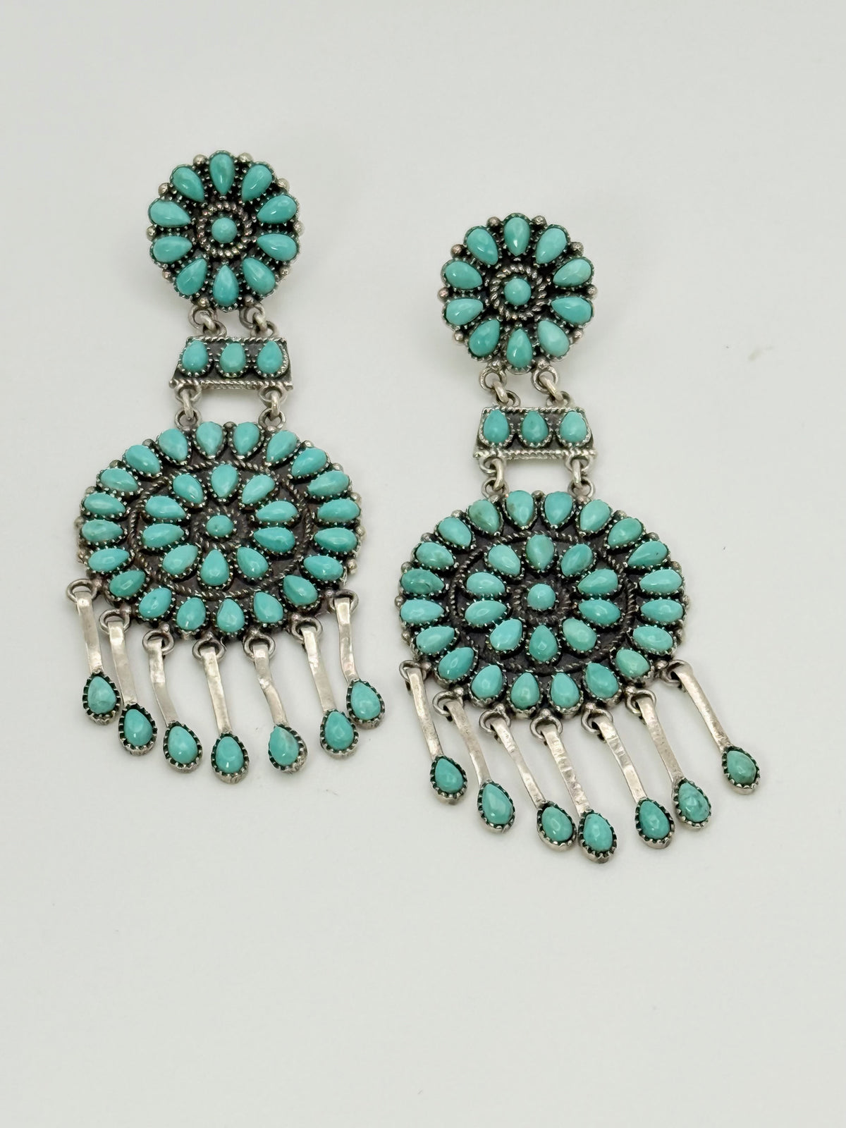Vintage Navajo MJC Sterling Silver & Turquoise Cluster Chandelier Earrings